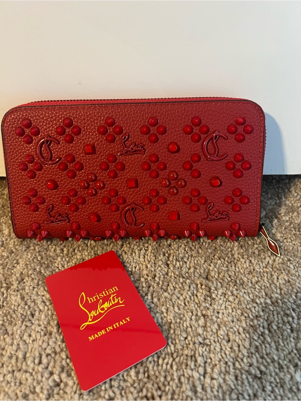 Christian Louboutin Red Pebbled Leather Studded Zip Wallet